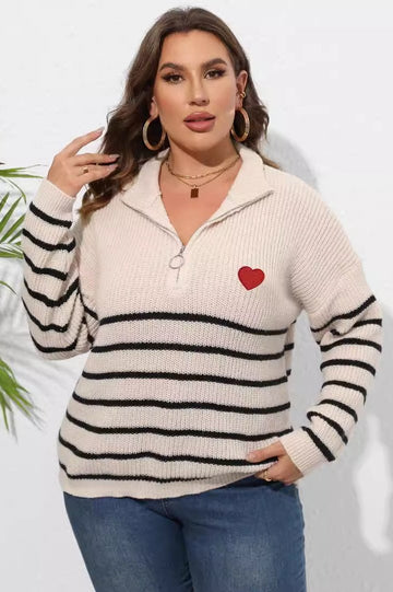 Woochic pull grande taille femme demi-col zippé motif cœur rayures abricot XL